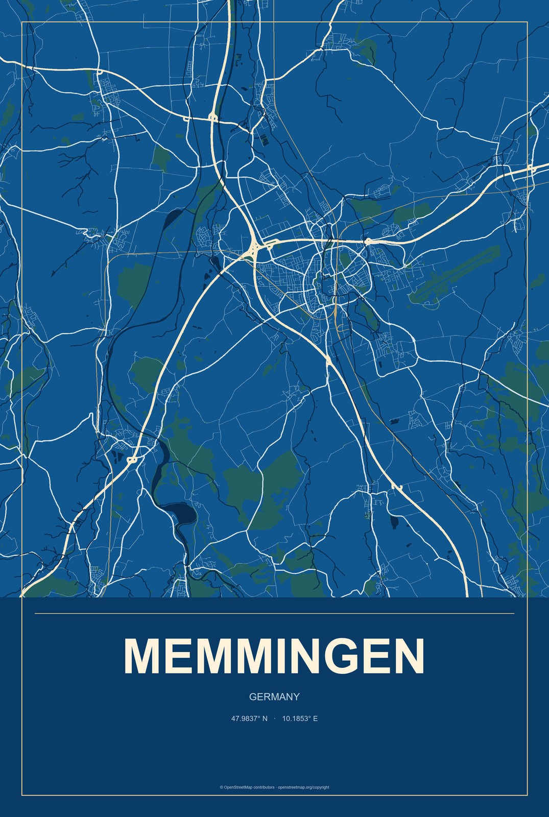 Memmingen, Germany City Map Aluminum Sign in Harbor Cobalt style