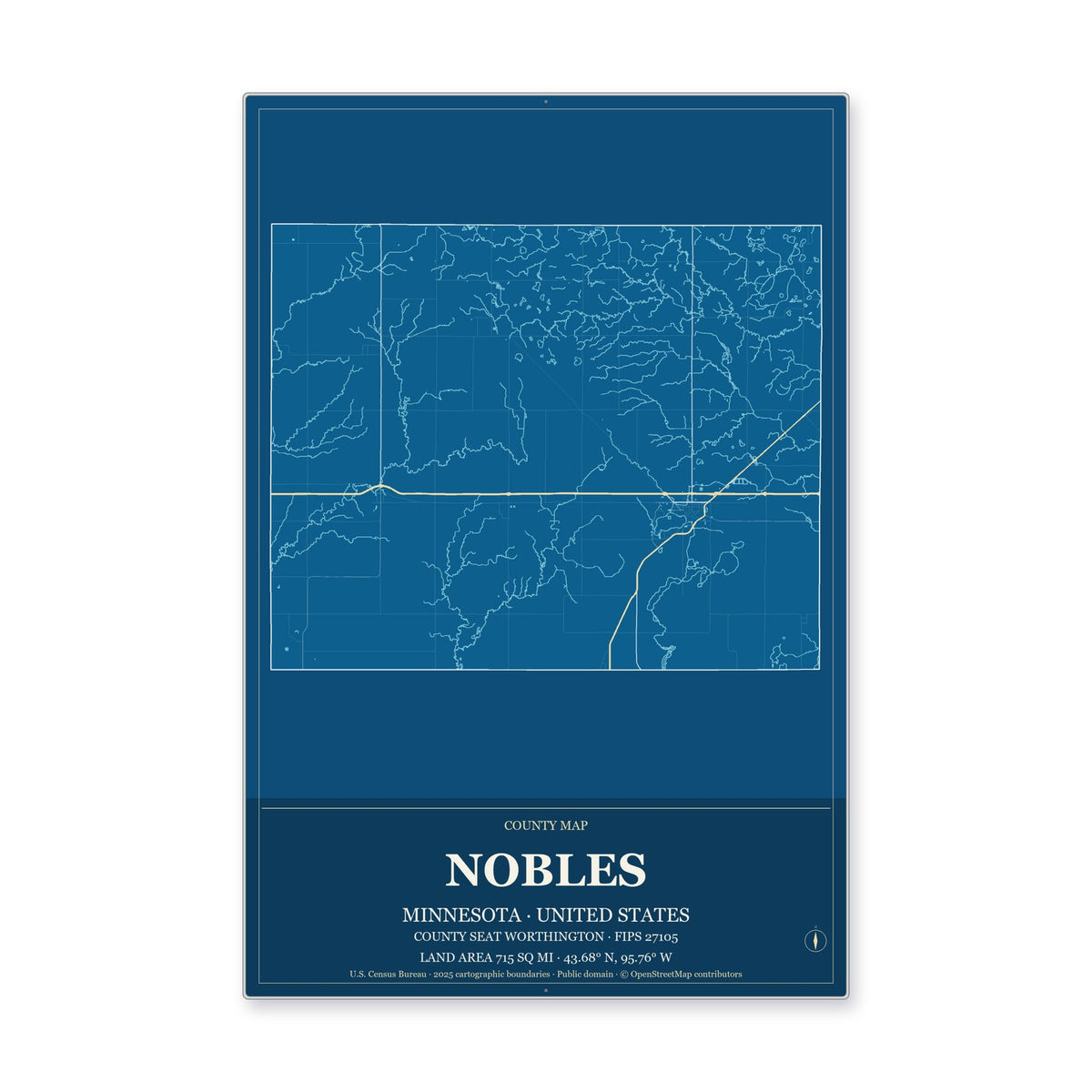 Nobles County, Minnesota Map Aluminum Sign in Harbor Cobalt style