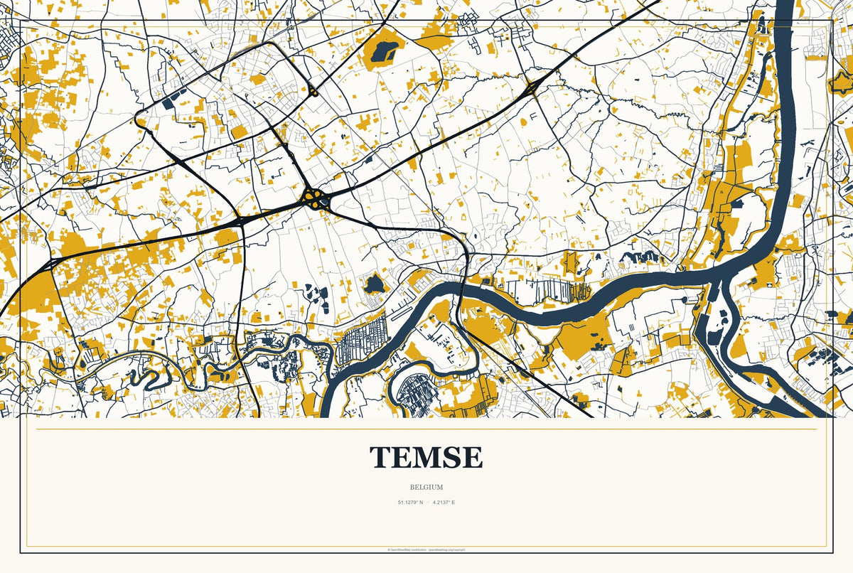 Temse, Belgium City Map Aluminum Sign in Citrine Modern style