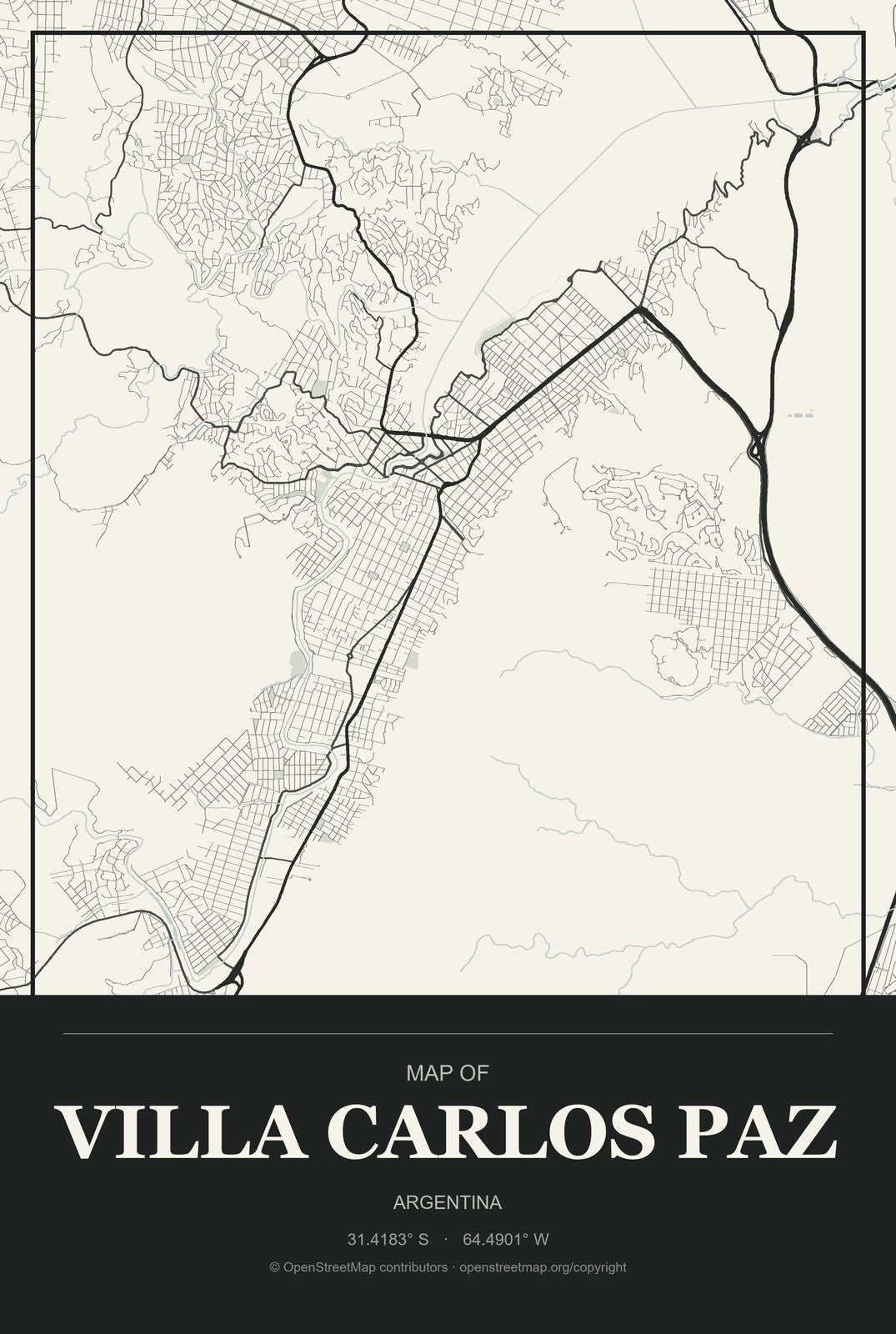 Villa Carlos Paz, Argentina City Map Aluminum Sign in Museum Plaque style