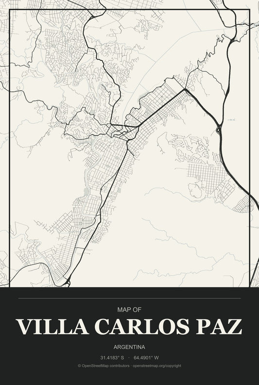 Villa Carlos Paz, Argentina City Map Aluminum Sign in Museum Plaque style