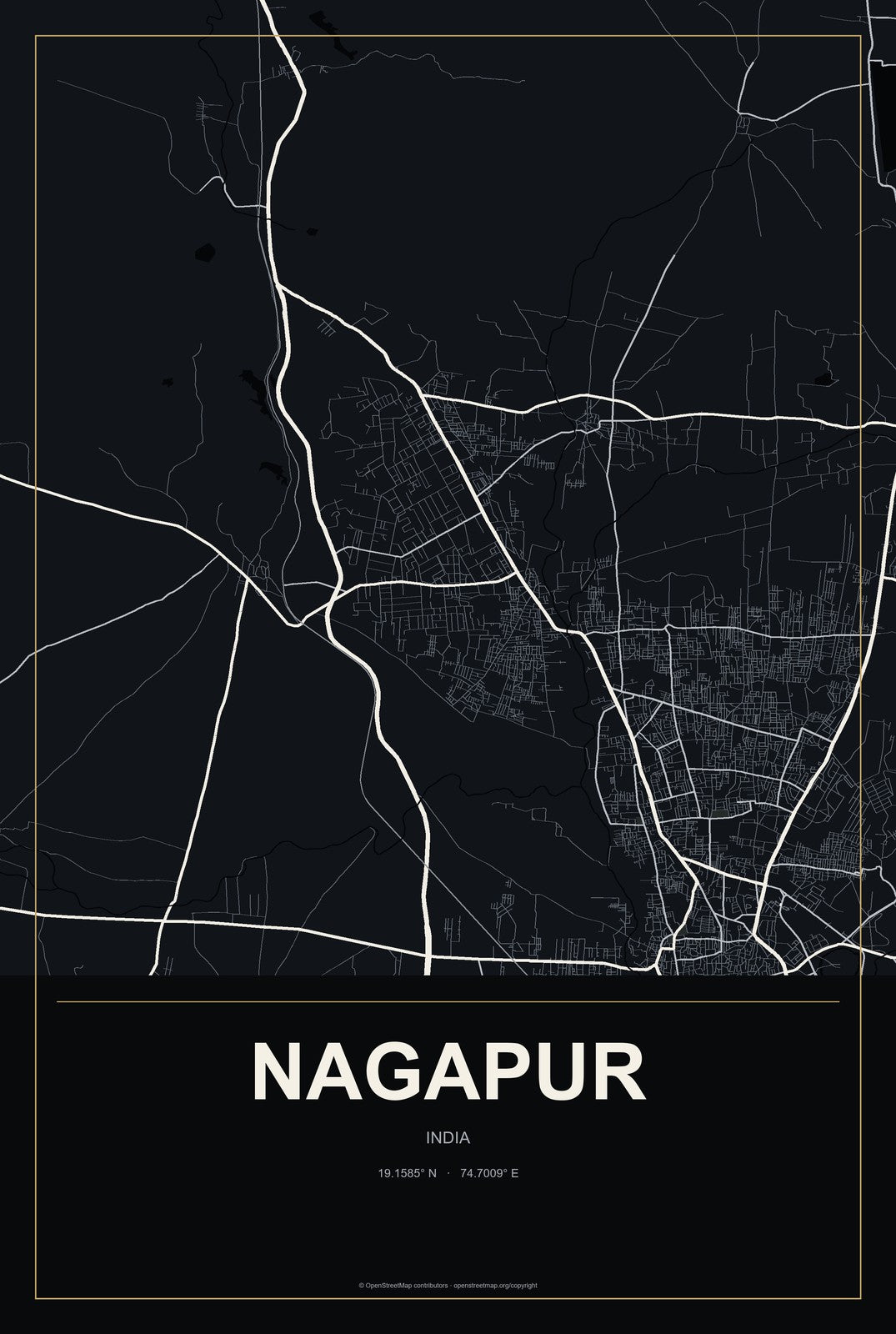 Nagapur, India City Map Aluminum Sign in Metropolitan Noir style