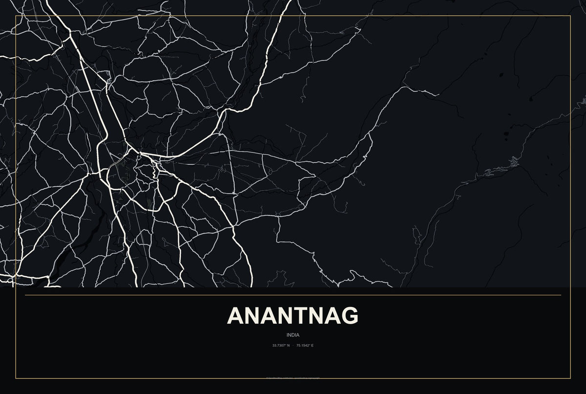 Anantnag, India City Map Aluminum Sign in Metropolitan Noir style