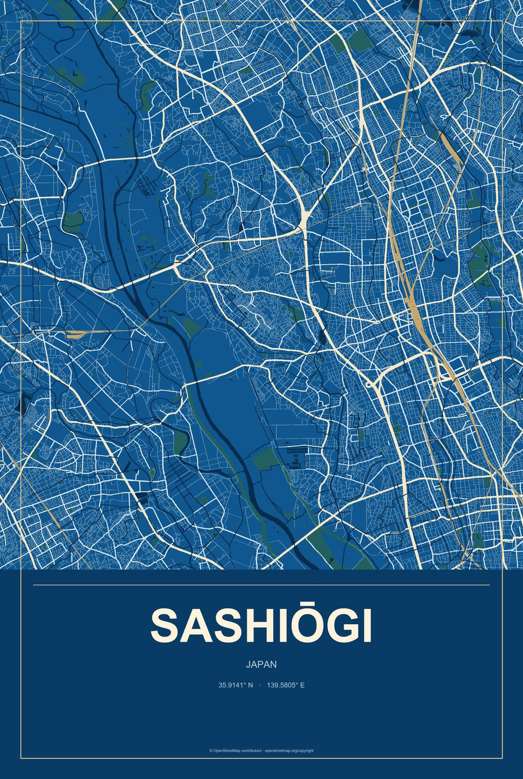 Sashiōgi, Japan City Map Aluminum Sign in Harbor Cobalt style
