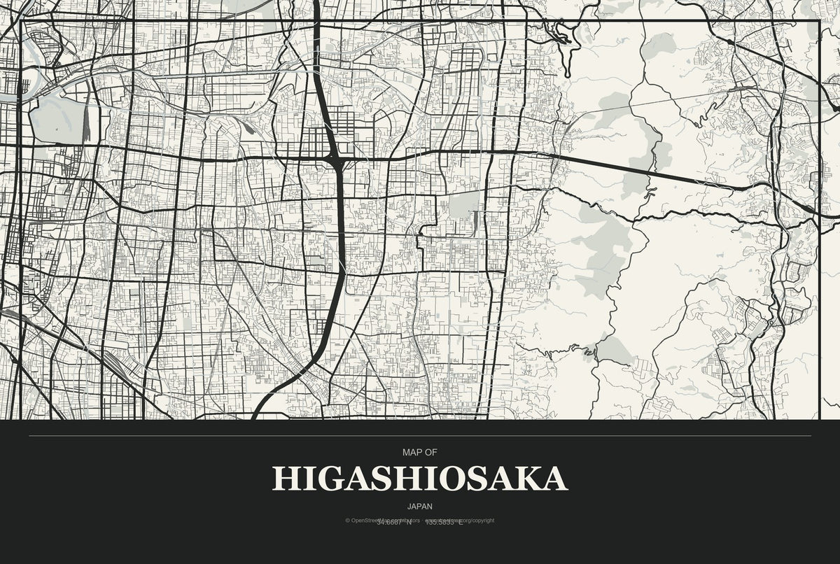 Higashiosaka, Japan City Map Aluminum Sign in Museum Plaque style