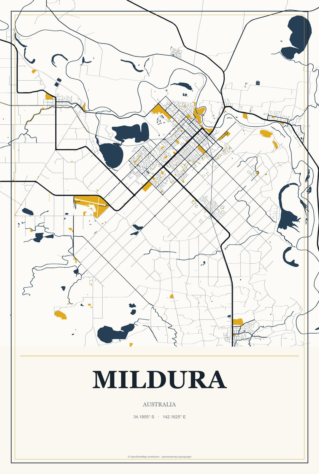 Mildura, Australia City Map Aluminum Sign in Citrine Modern style