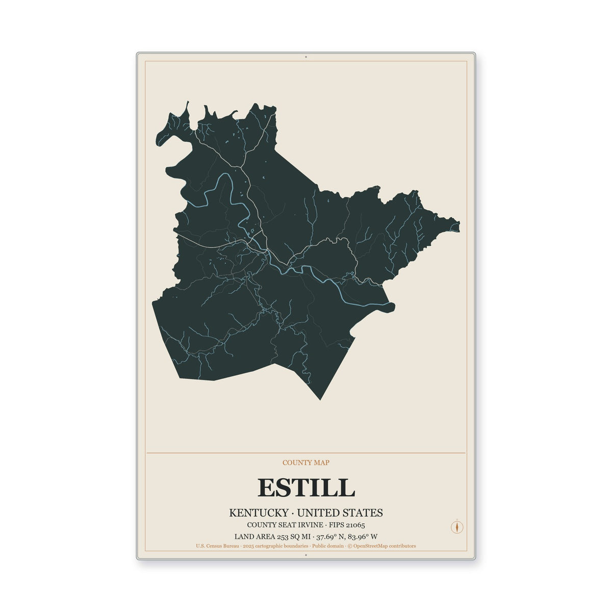 Estill County, Kentucky Map Aluminum Sign in Headline Atlas style