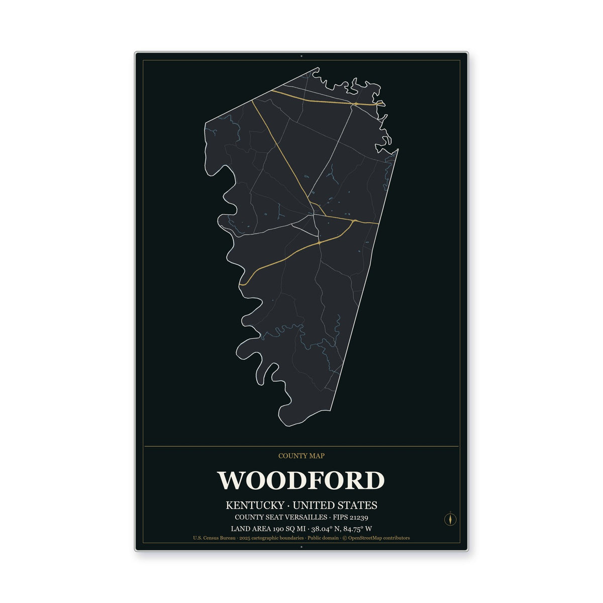 Woodford County, Kentucky Map Aluminum Sign in Metropolitan Noir style