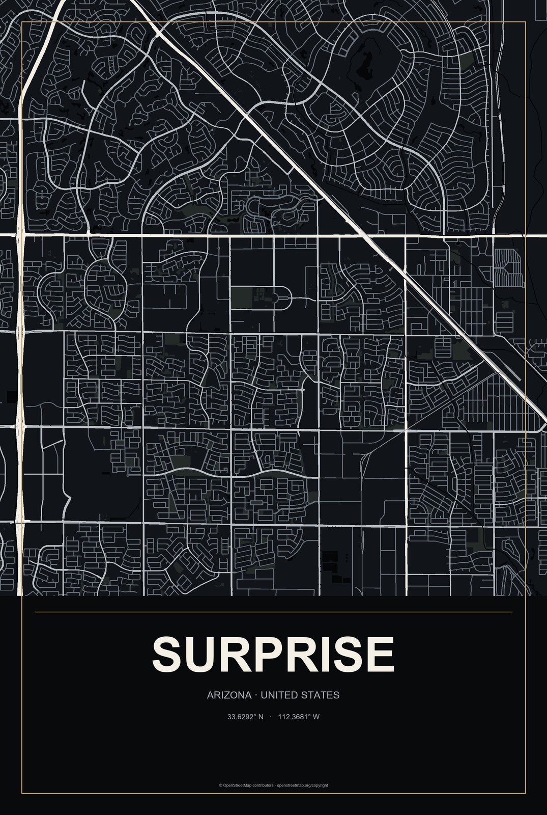 Surprise, Arizona City Map Aluminum Sign in Metropolitan Noir style