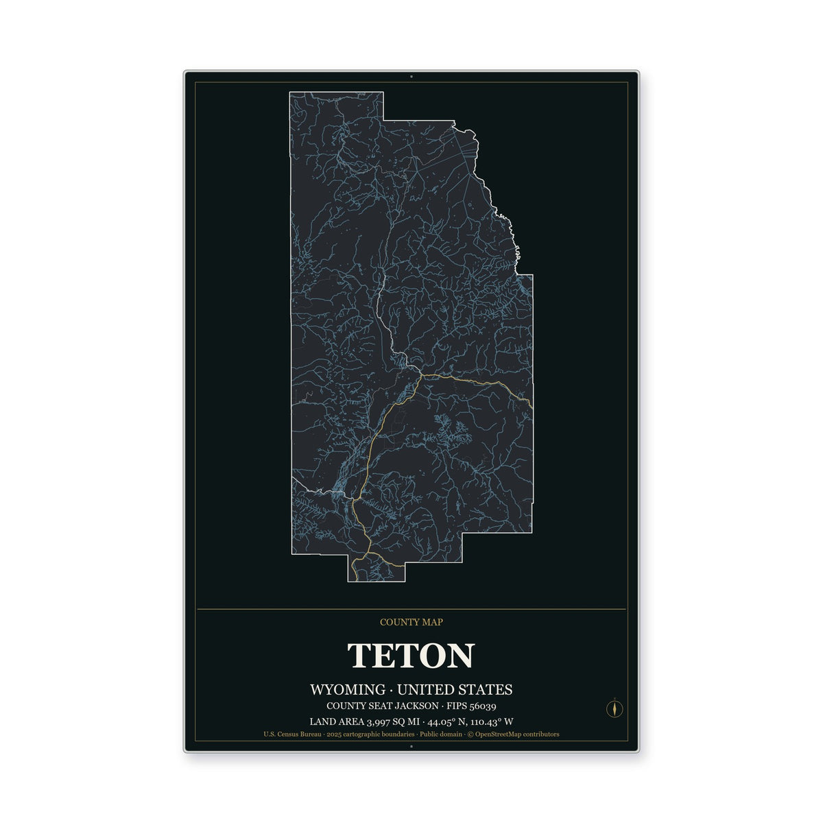 Teton County, Wyoming Map Aluminum Sign in Metropolitan Noir style