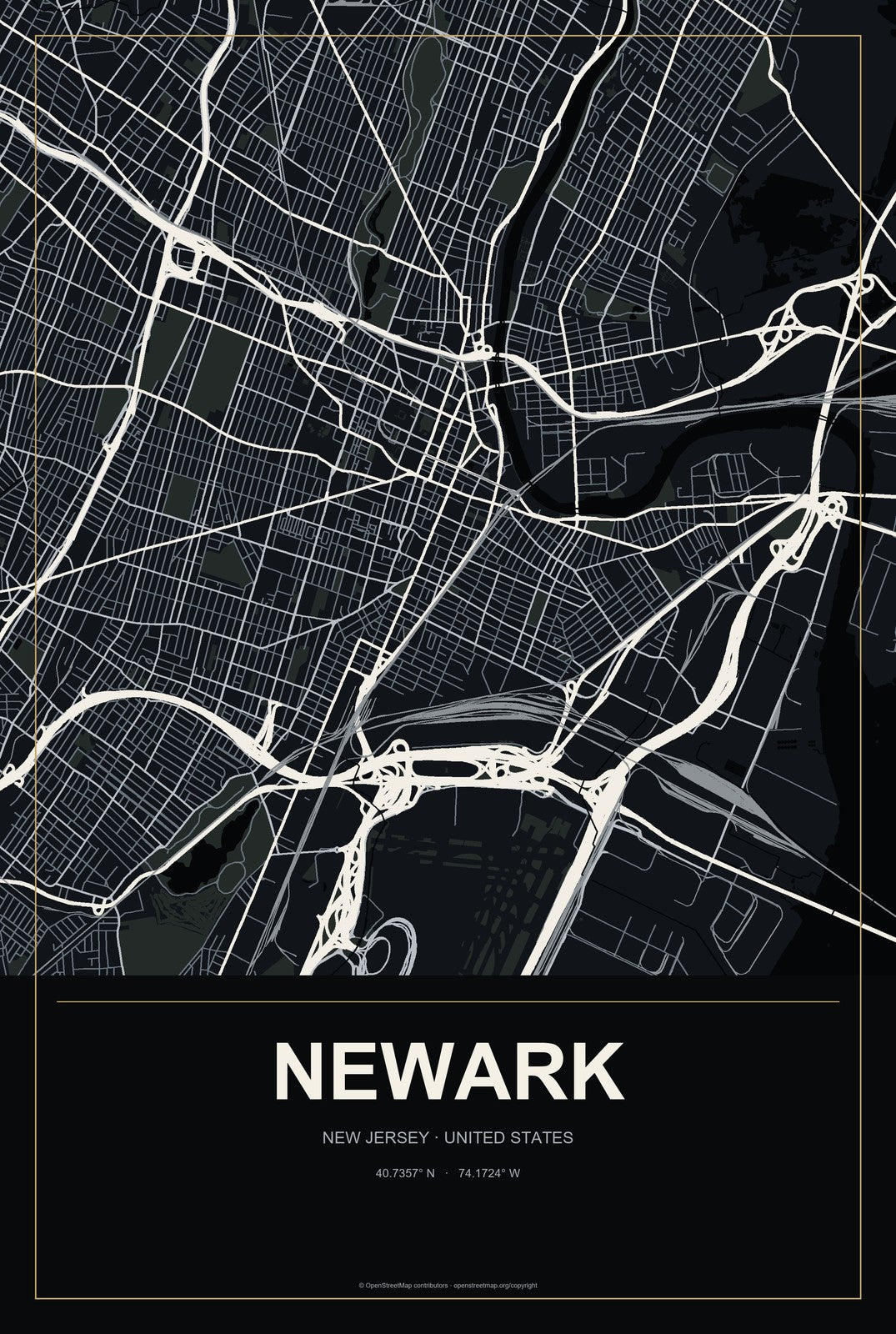 Newark, New Jersey City Map Aluminum Sign in Metropolitan Noir style