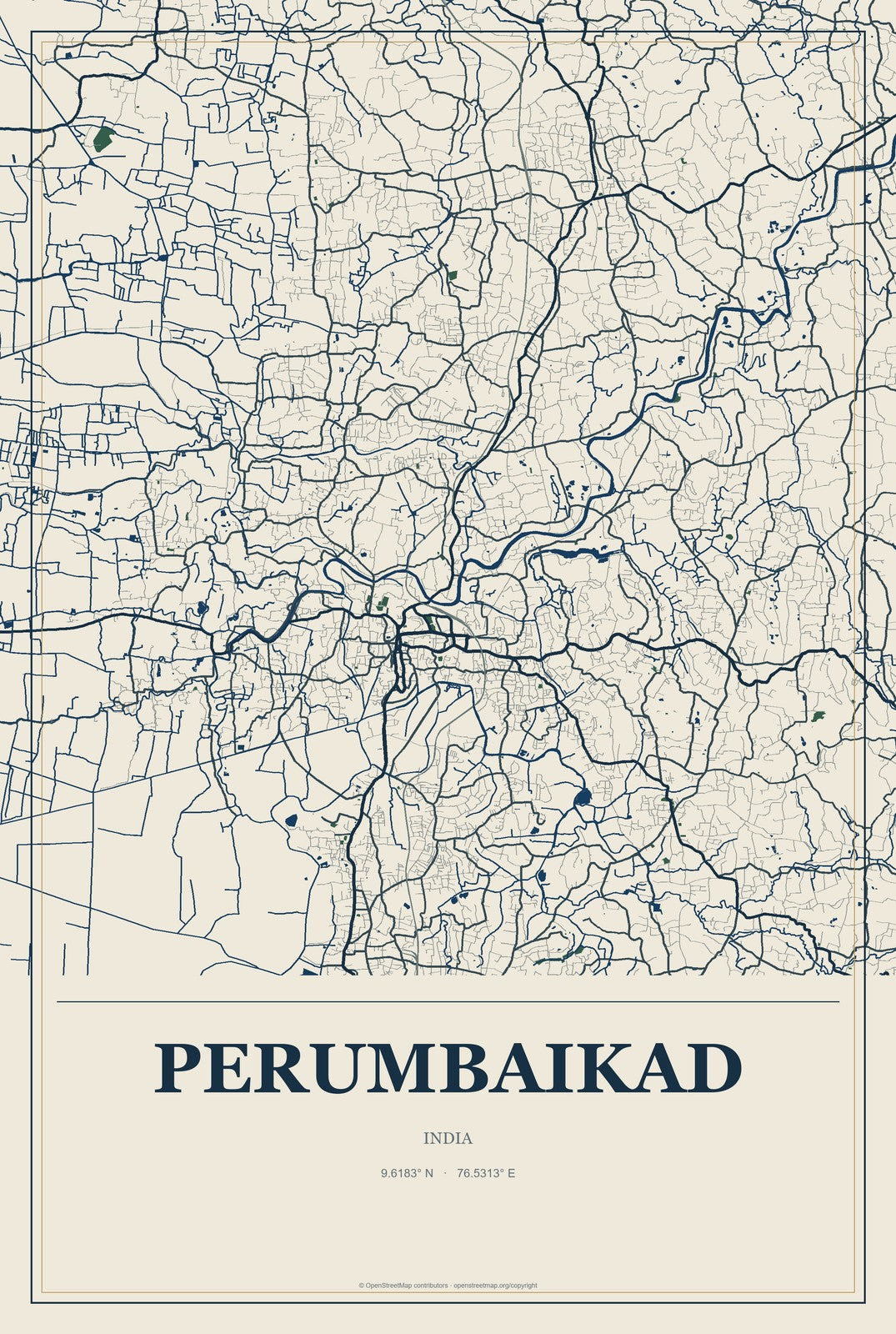 Perumbaikad, India City Map Aluminum Sign in Coastal Cutout style