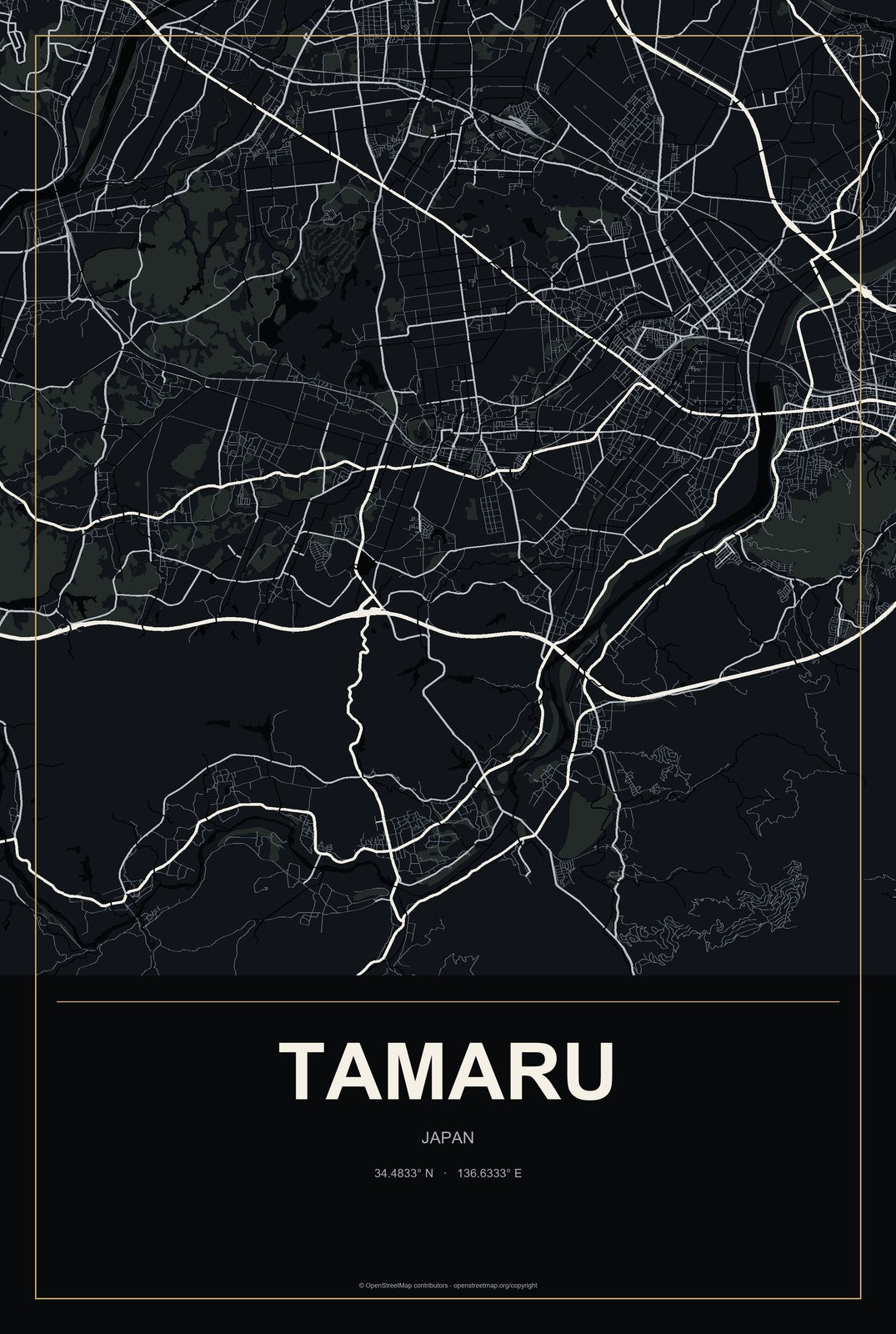 Tamaru, Japan City Map Aluminum Sign in Metropolitan Noir style