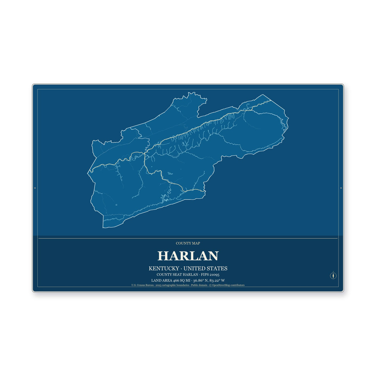 Harlan County, Kentucky Map Aluminum Sign in Harbor Cobalt style