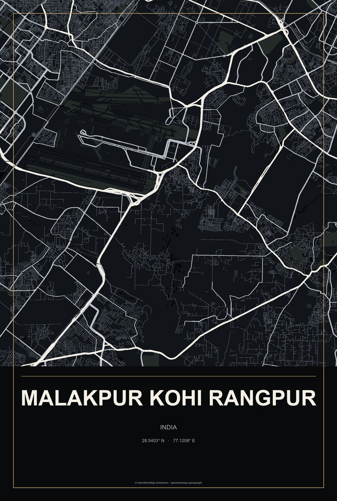Malakpur Kohi Rangpur, India City Map Aluminum Sign in Metropolitan Noir style