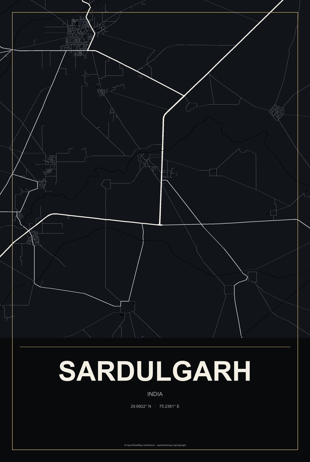Sardulgarh, India City Map Aluminum Sign in Metropolitan Noir style