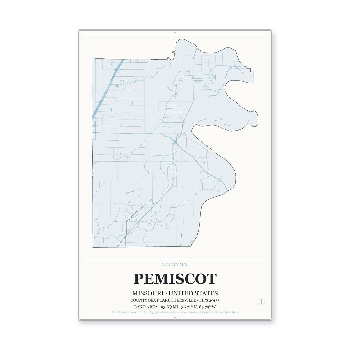 Pemiscot County, Missouri Map Aluminum Sign in Gallery Air style