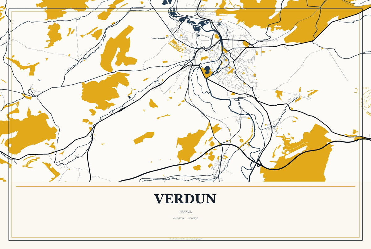 Verdun, France City Map Aluminum Sign in Citrine Modern style