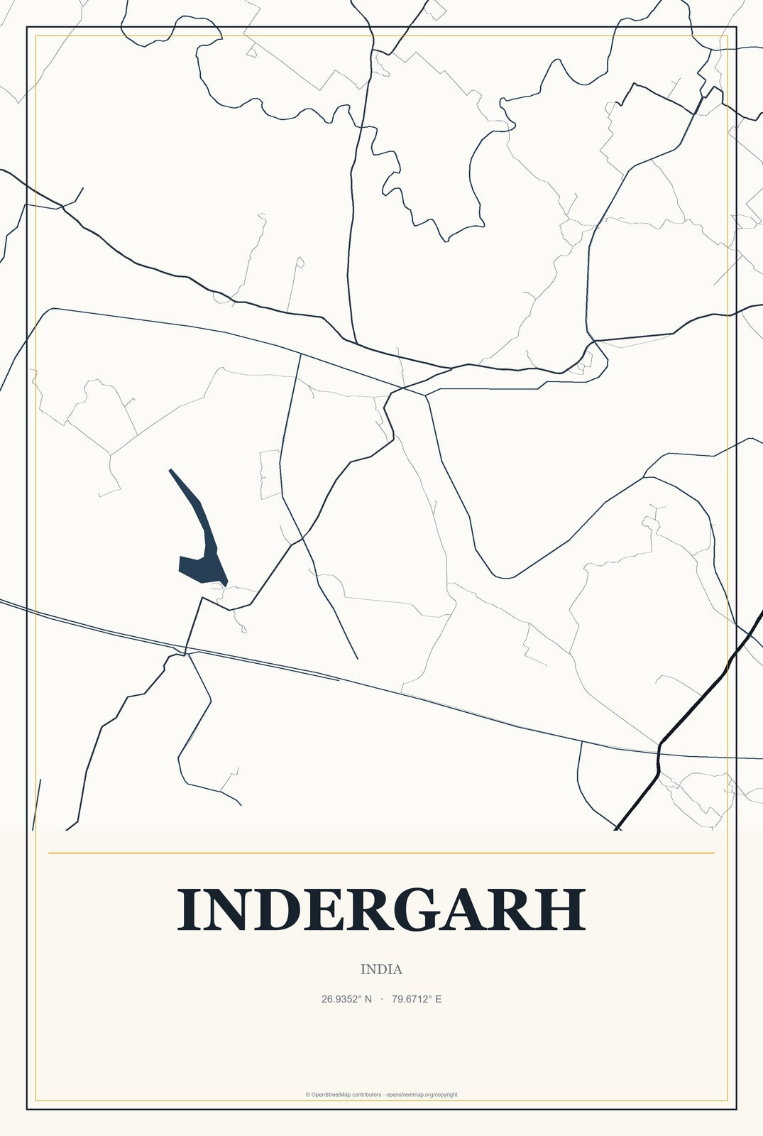 Indergarh, India City Map Aluminum Sign in Citrine Modern style