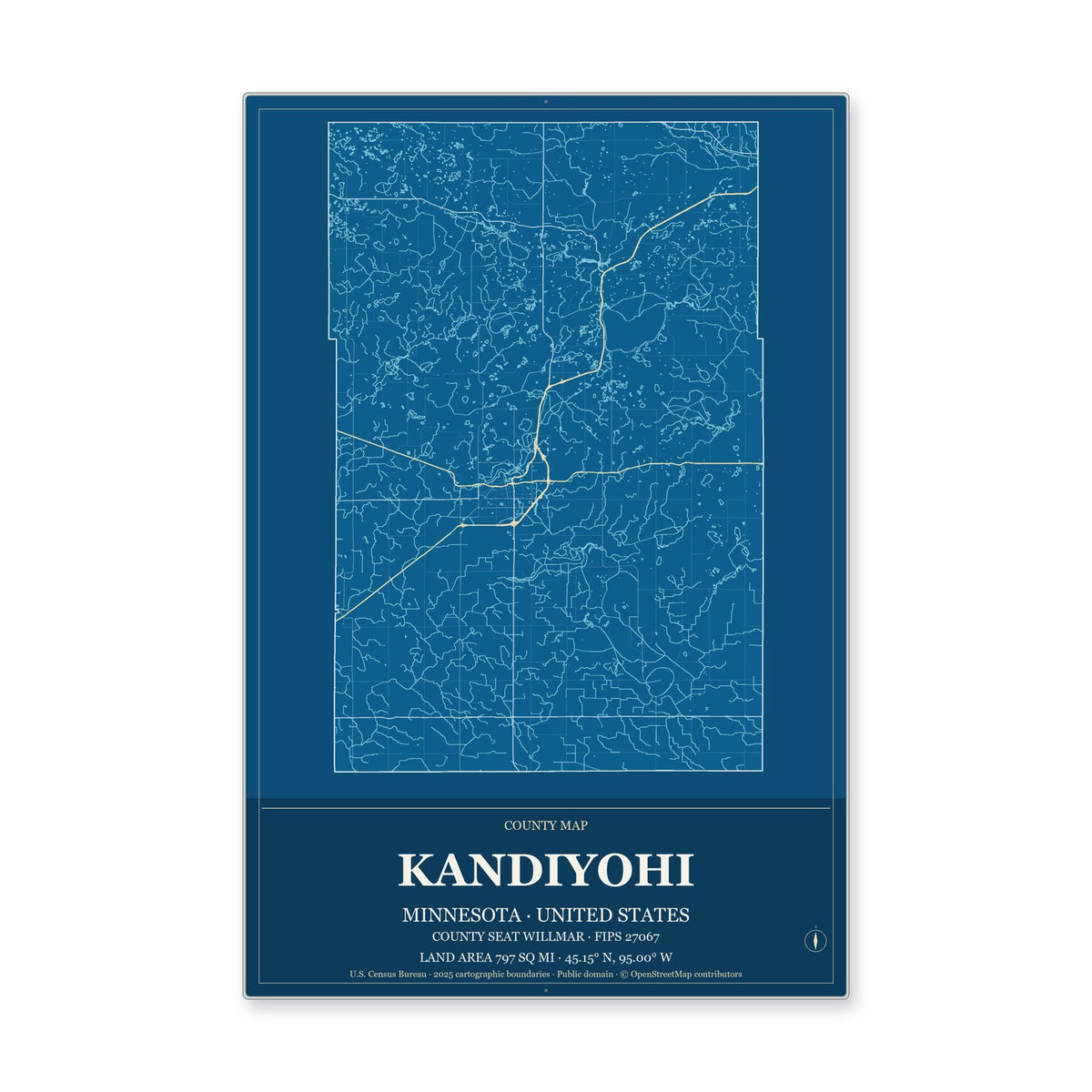 Kandiyohi County, Minnesota Map Aluminum Sign in Harbor Cobalt style