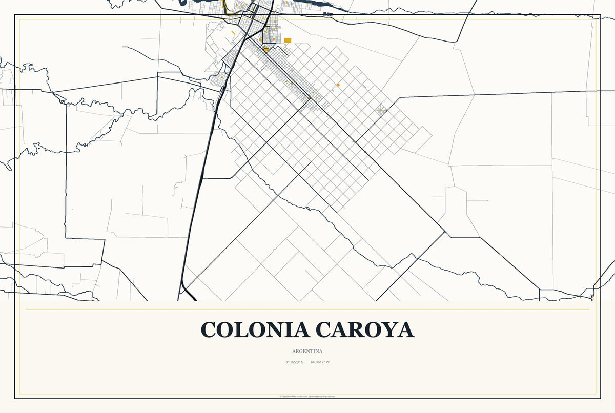 Colonia Caroya, Argentina City Map Aluminum Sign in Citrine Modern style