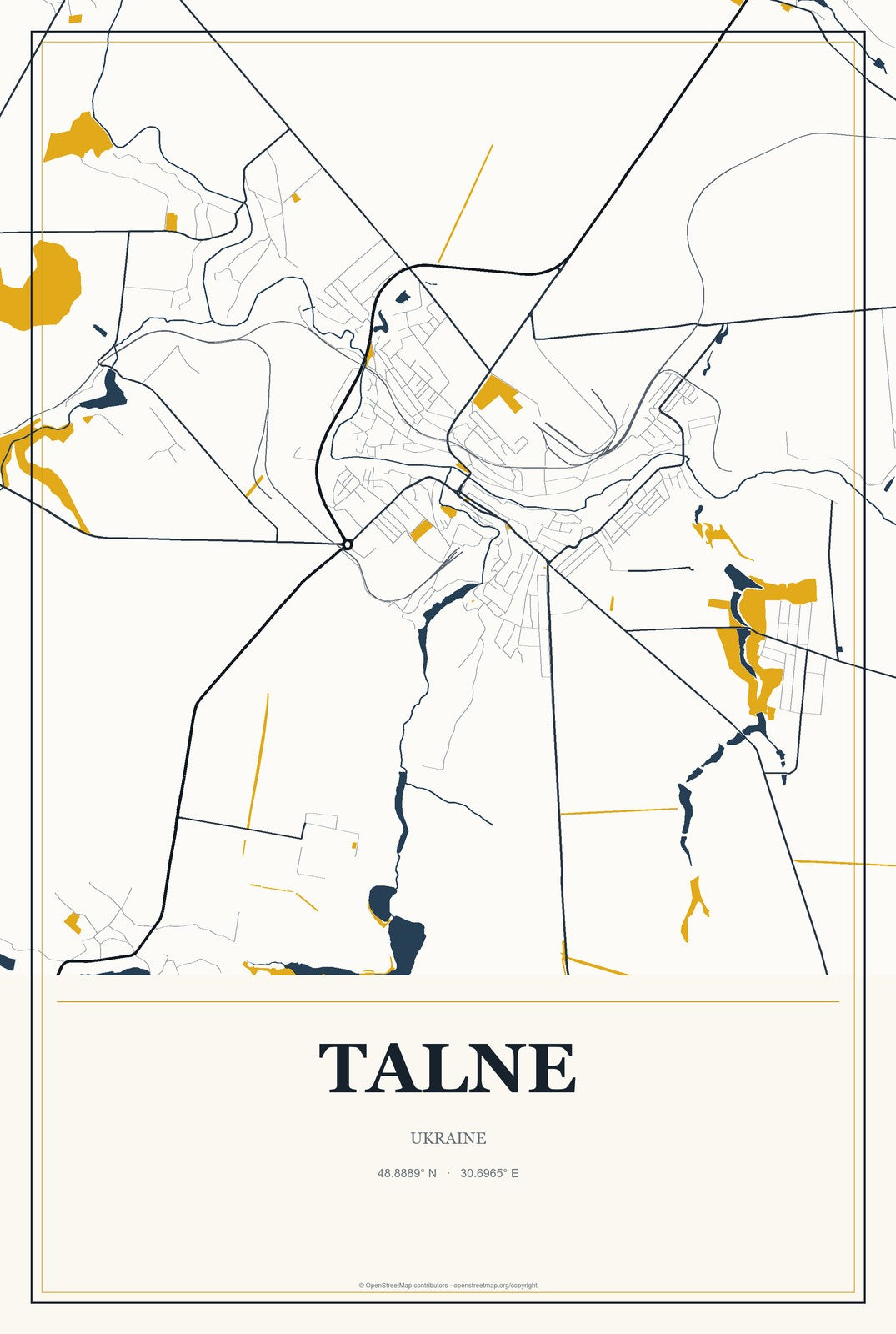 Talne, Ukraine City Map Aluminum Sign in Citrine Modern style