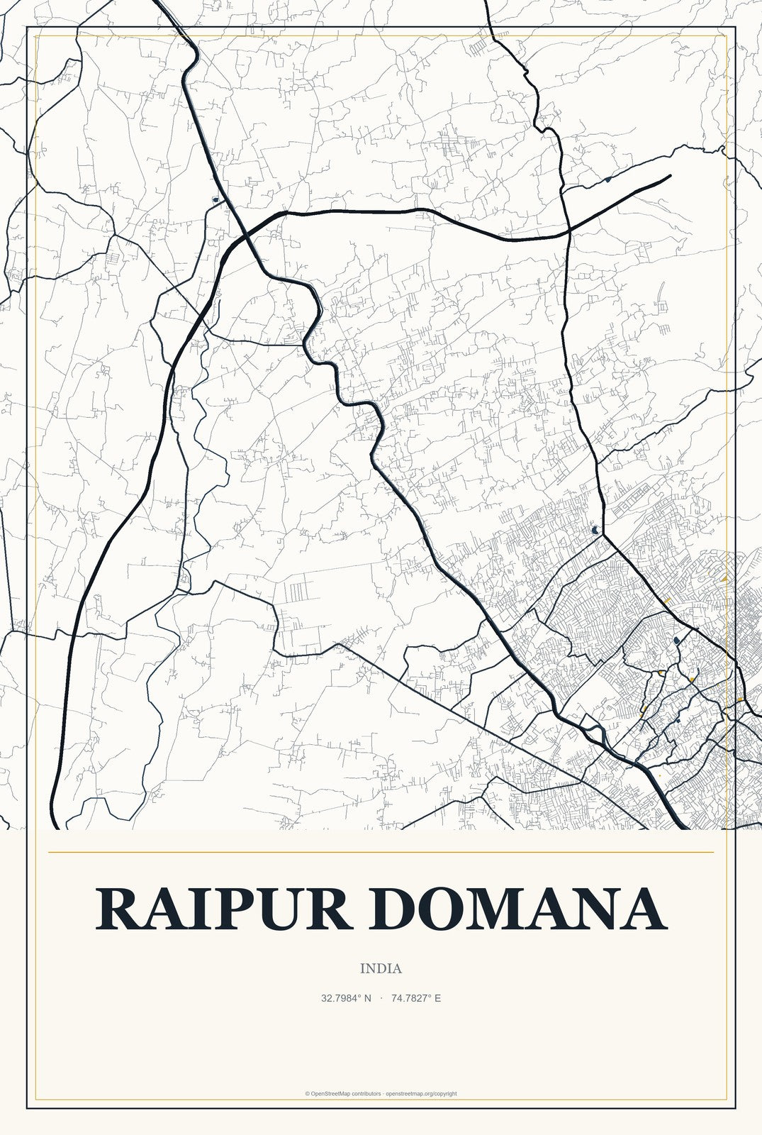 Raipur Domana, India City Map Aluminum Sign in Citrine Modern style
