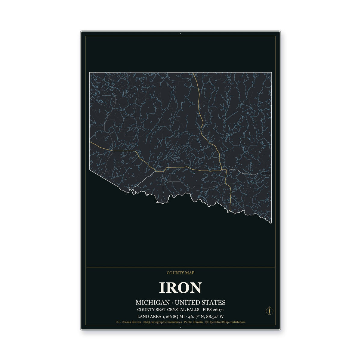 Iron County, Michigan Map Aluminum Sign in Metropolitan Noir style