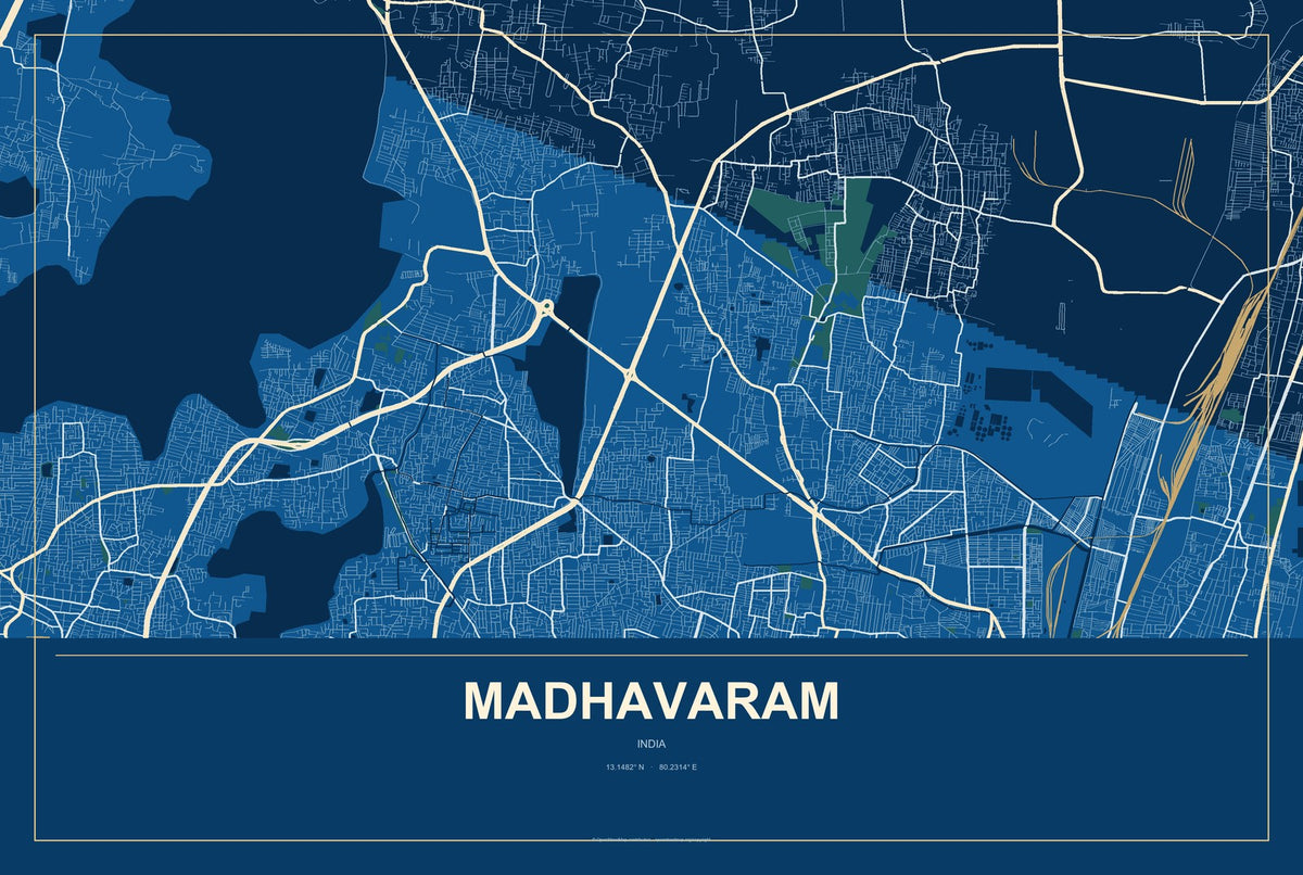 Madhavaram, India City Map Aluminum Sign in Harbor Cobalt style