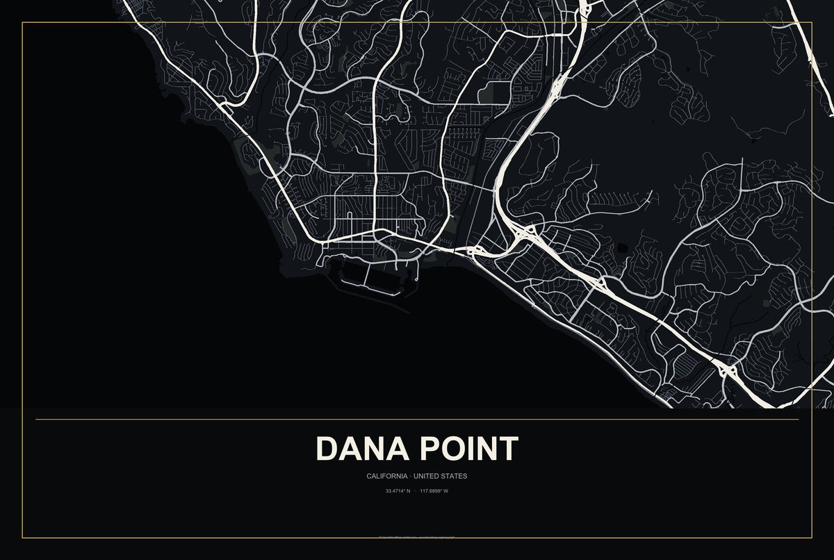 Dana Point, California City Map Aluminum Sign in Metropolitan Noir style