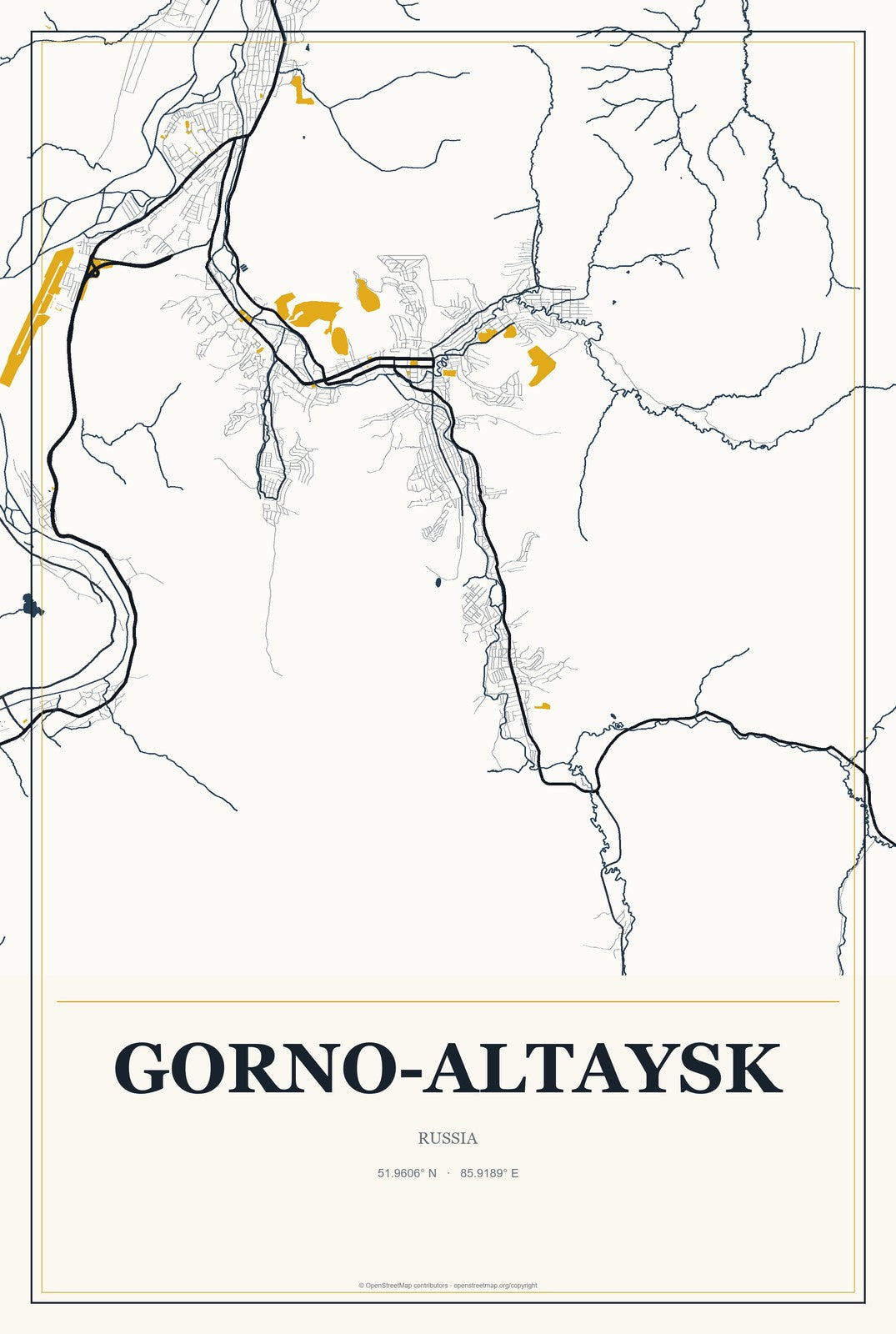 Gorno-Altaysk, Russia City Map Aluminum Sign in Citrine Modern style