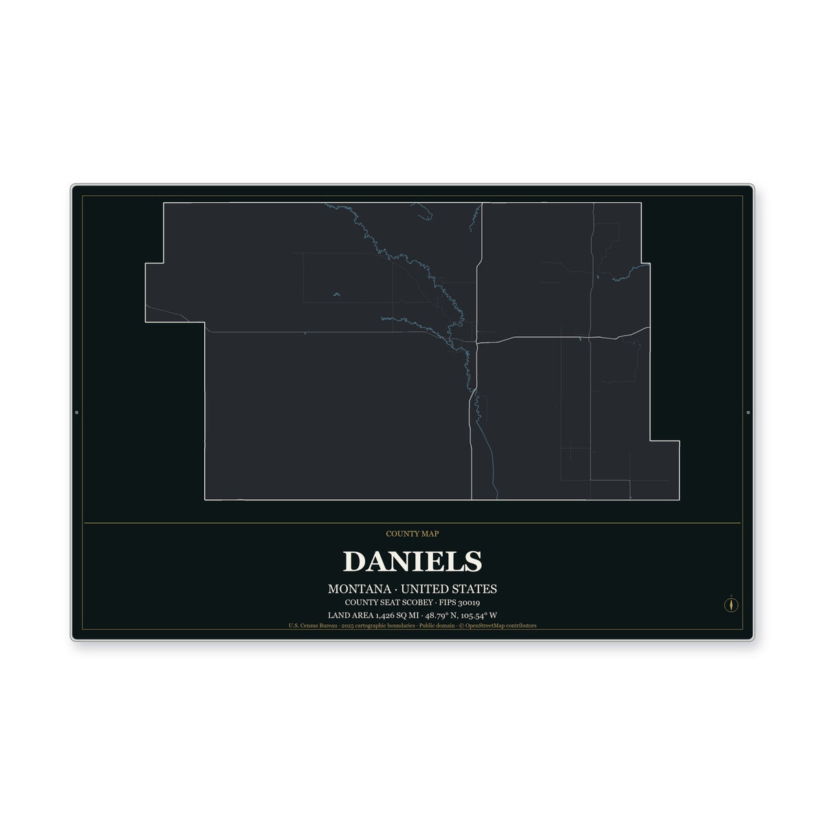 Daniels County, Montana Map Aluminum Sign in Metropolitan Noir style