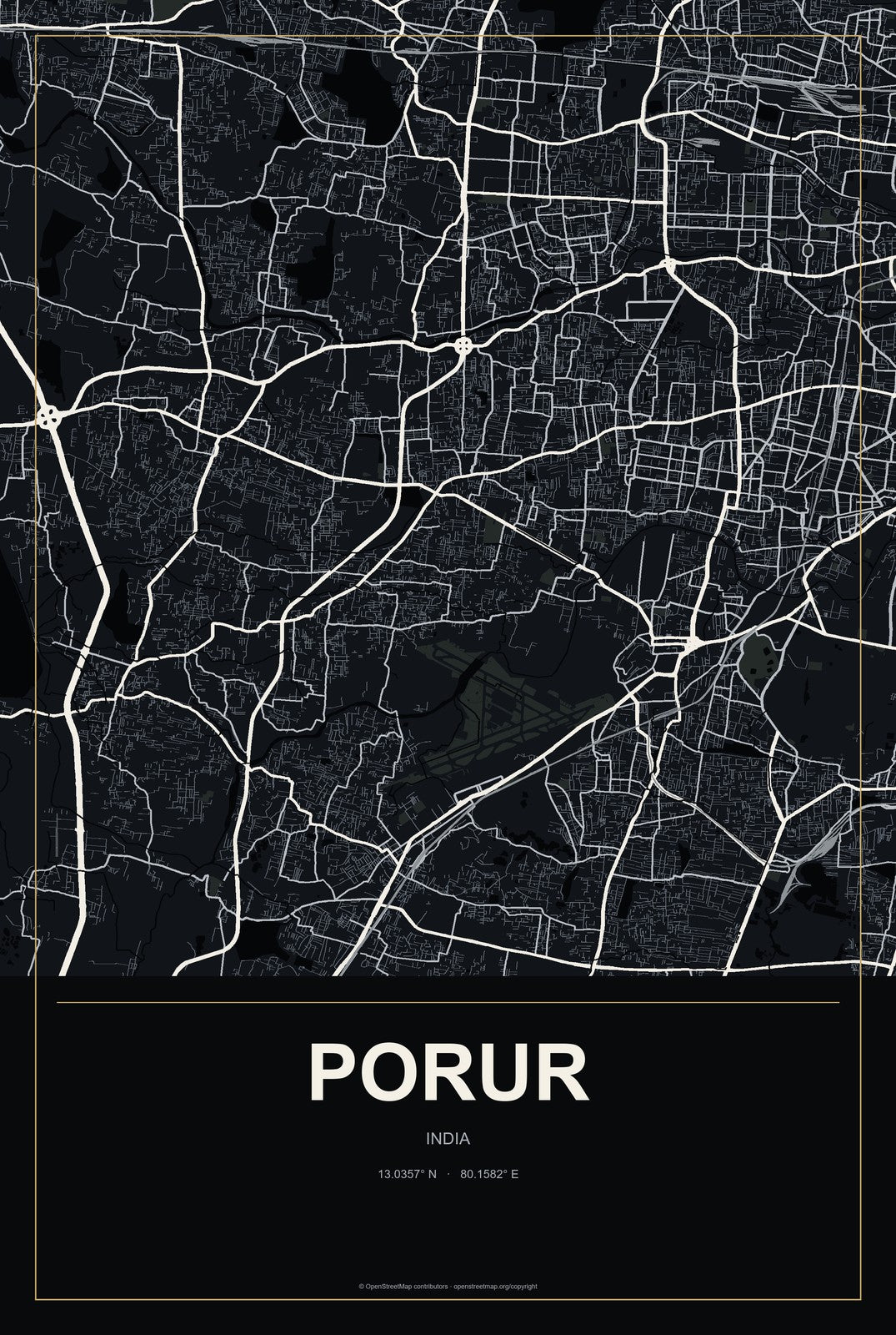 Porur, India City Map Aluminum Sign in Metropolitan Noir style