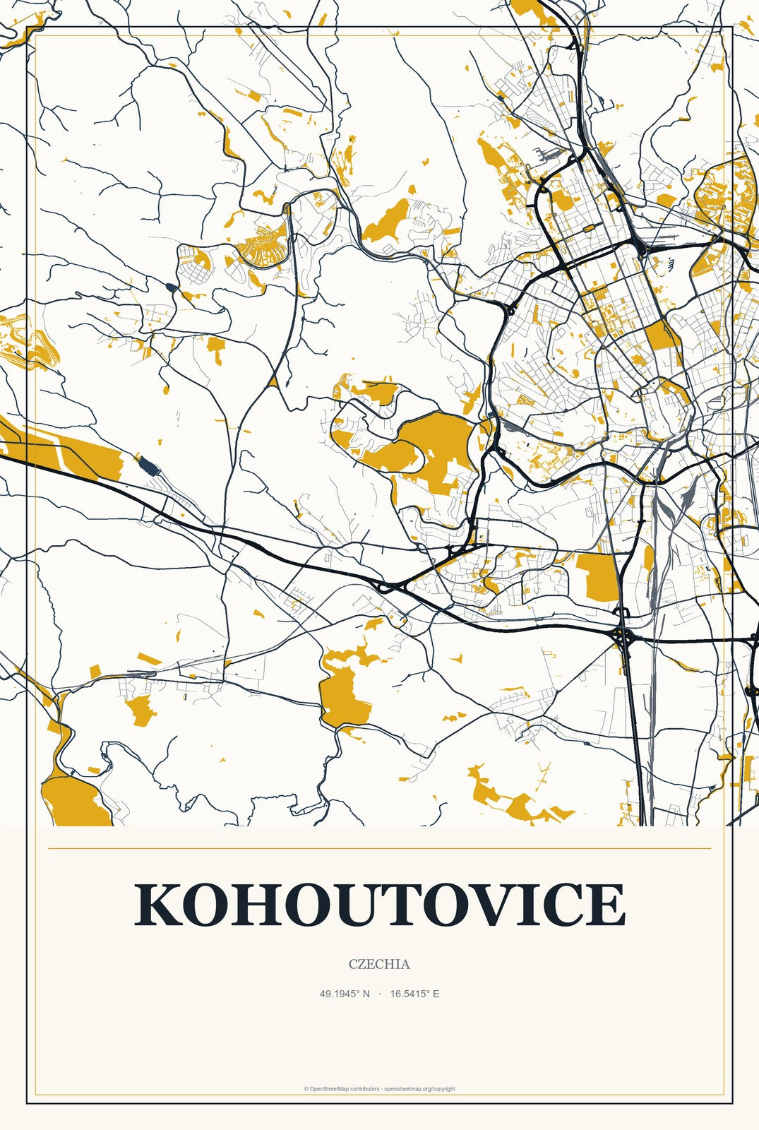 Kohoutovice, Czechia City Map Aluminum Sign in Citrine Modern style