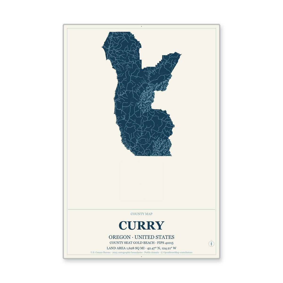 Curry County, Oregon Map Aluminum Sign in Coastal Cutout style