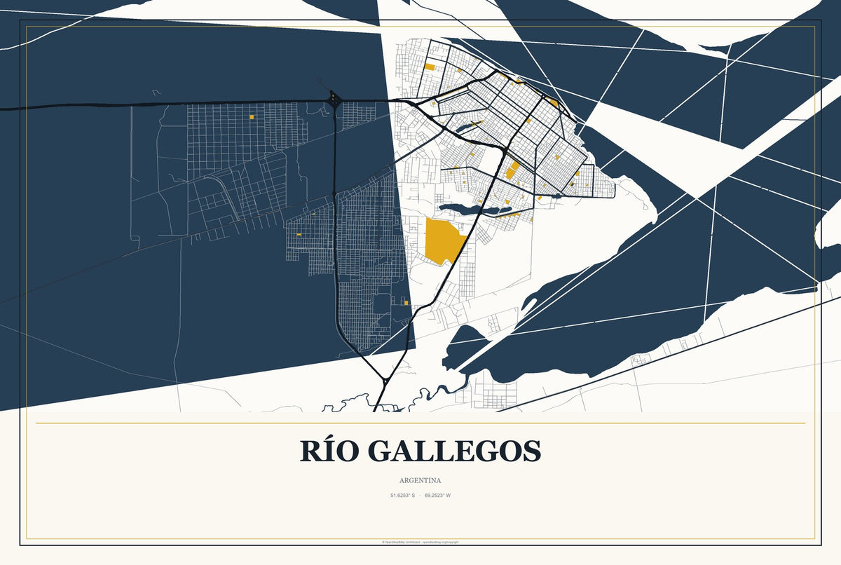 Río Gallegos, Argentina City Map Aluminum Sign in Citrine Modern style