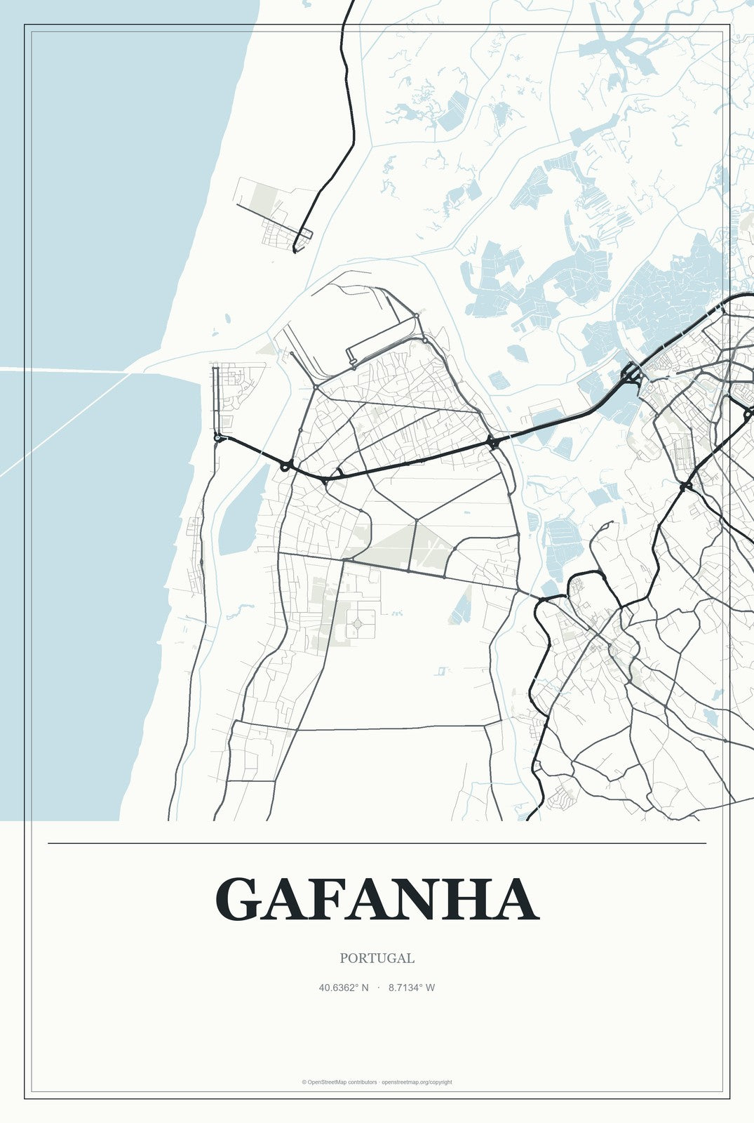 Gafanha, Portugal City Map Aluminum Sign in Gallery Air style