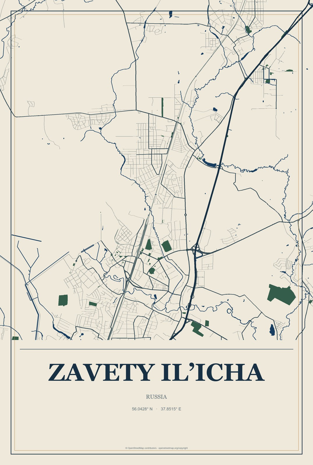 Zavety Il’icha, Russia City Map Aluminum Sign in Coastal Cutout style