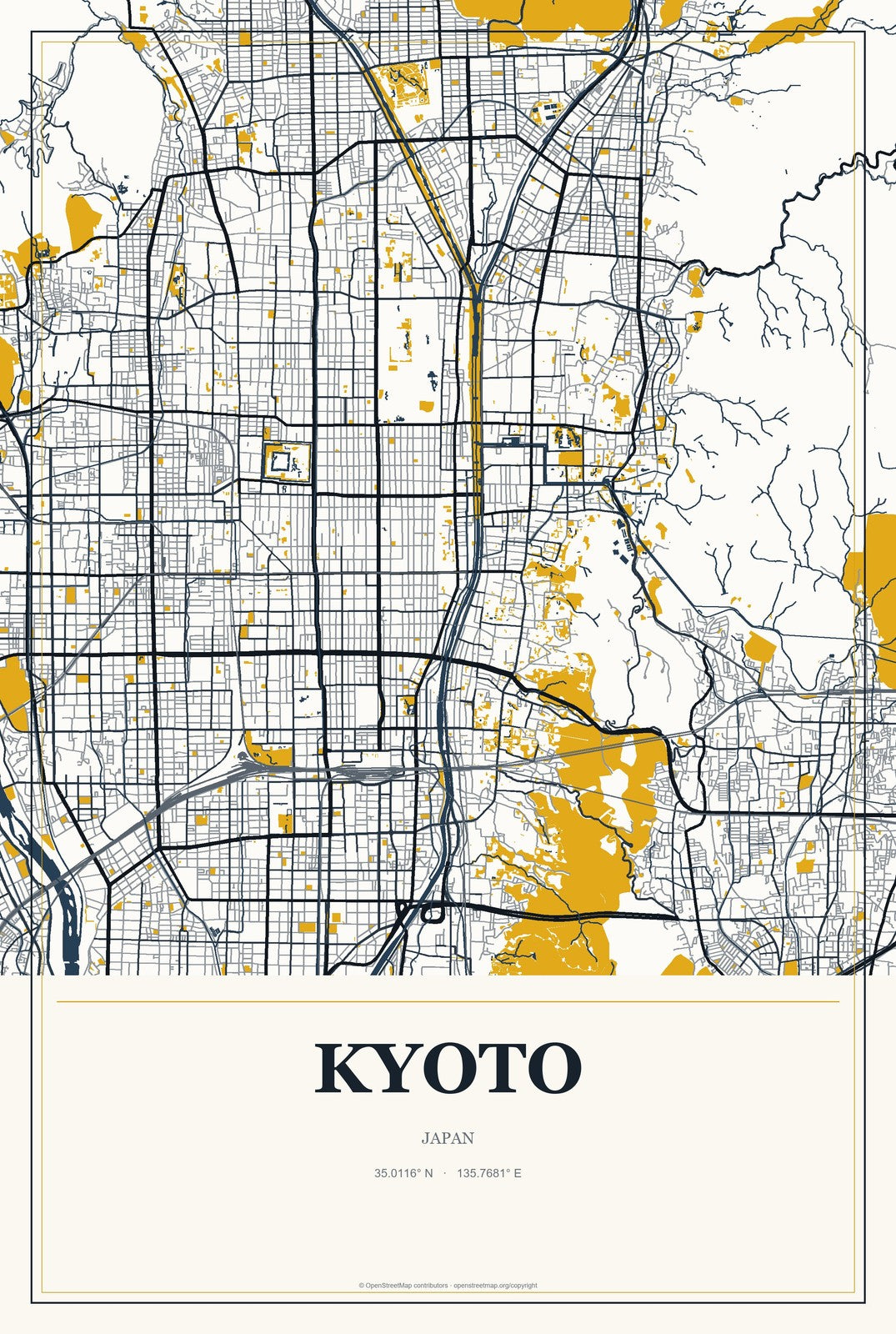 Kyoto, Japan City Map Aluminum Sign in Citrine Modern style