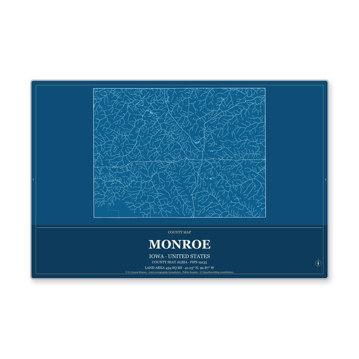 Monroe County, Iowa Map Aluminum Sign in Harbor Cobalt style