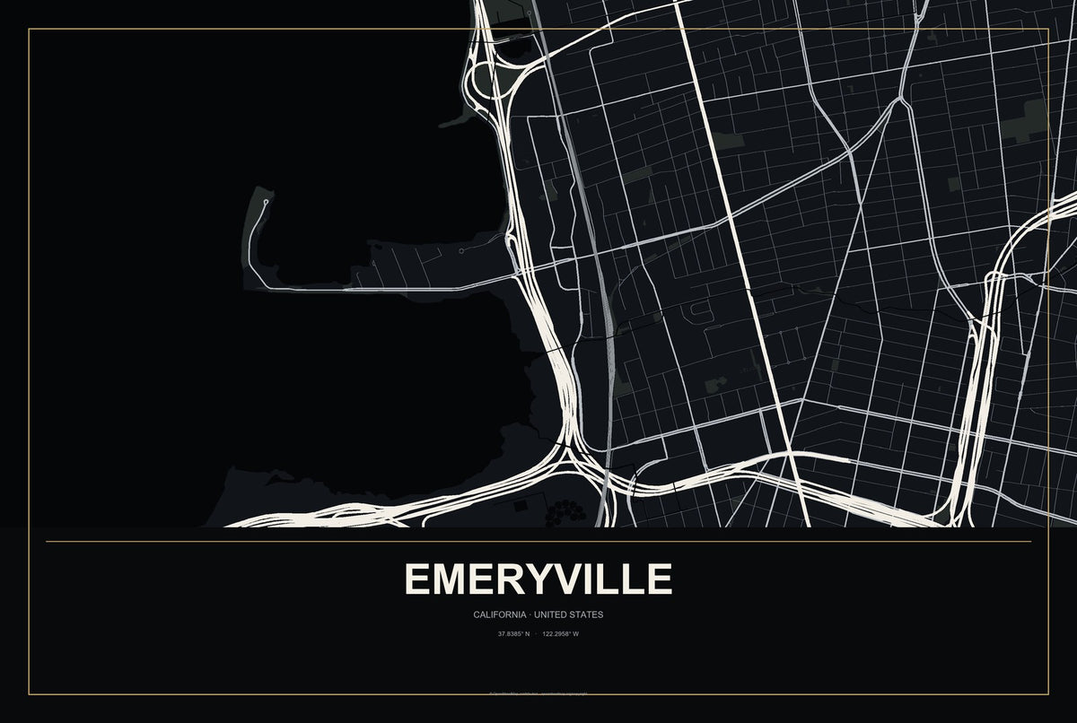Emeryville, California City Map Aluminum Sign in Metropolitan Noir style