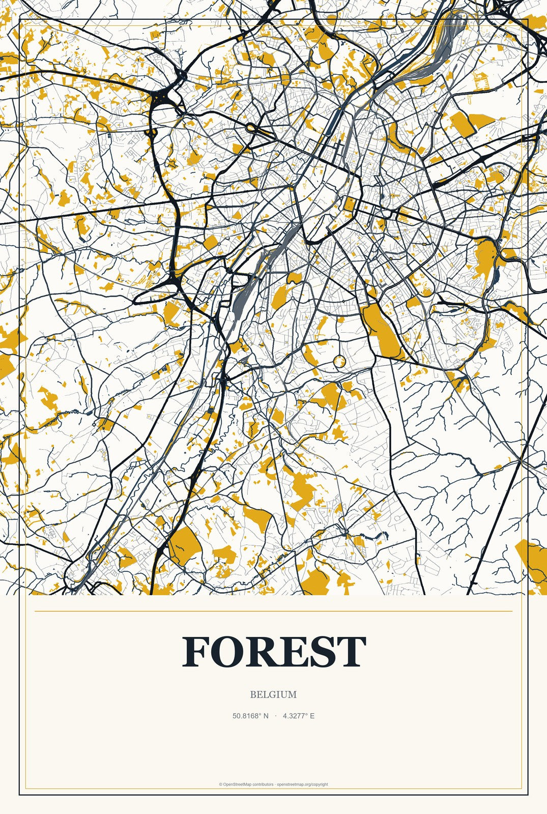 Forest, Belgium City Map Aluminum Sign in Citrine Modern style