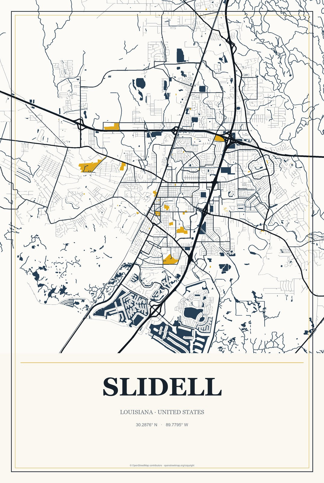 Slidell, Louisiana City Map Aluminum Sign in Citrine Modern style