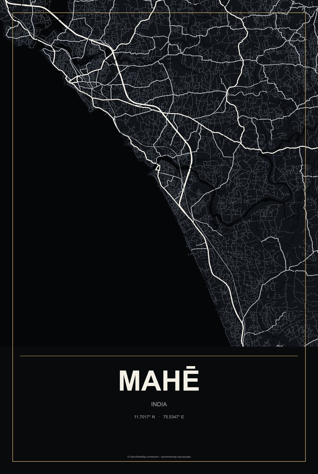 Mahē, India City Map Aluminum Sign in Metropolitan Noir style