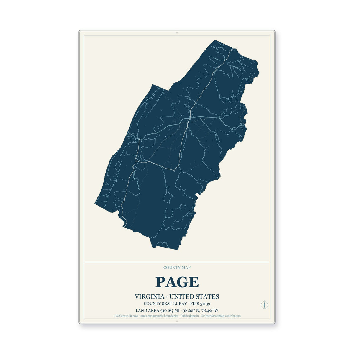Page County, Virginia Map Aluminum Sign in Coastal Cutout style