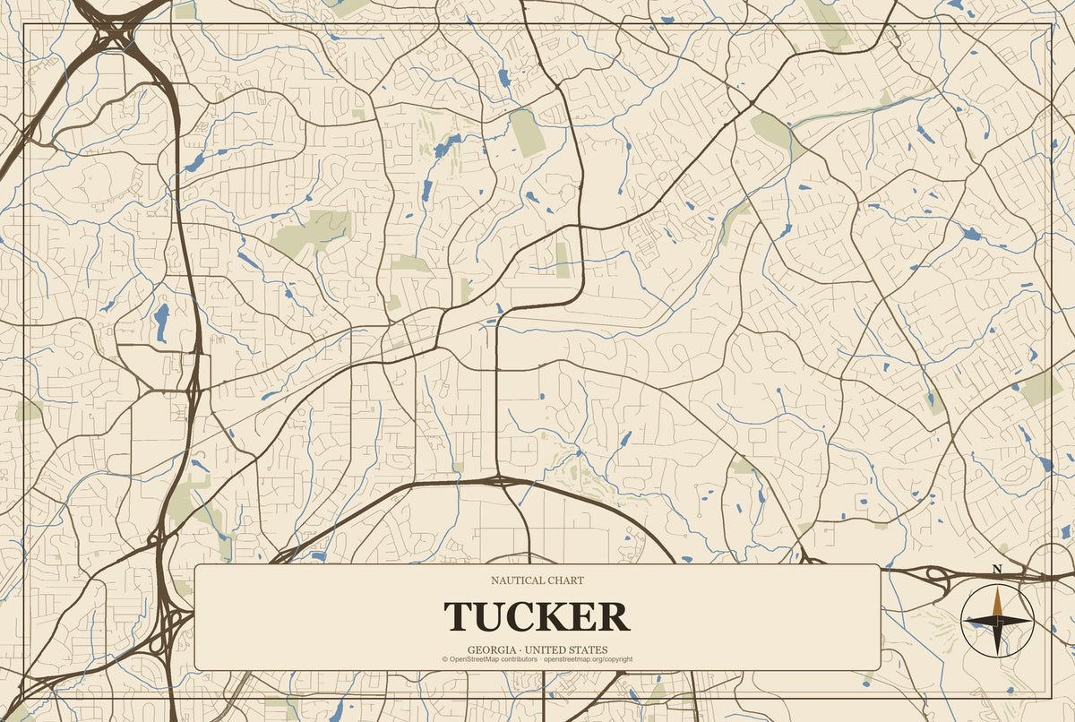 Tucker, Georgia City Map Aluminum Sign in Heritage Nautical style