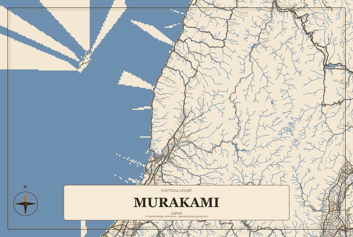 Murakami, Japan City Map Aluminum Sign in Heritage Nautical style