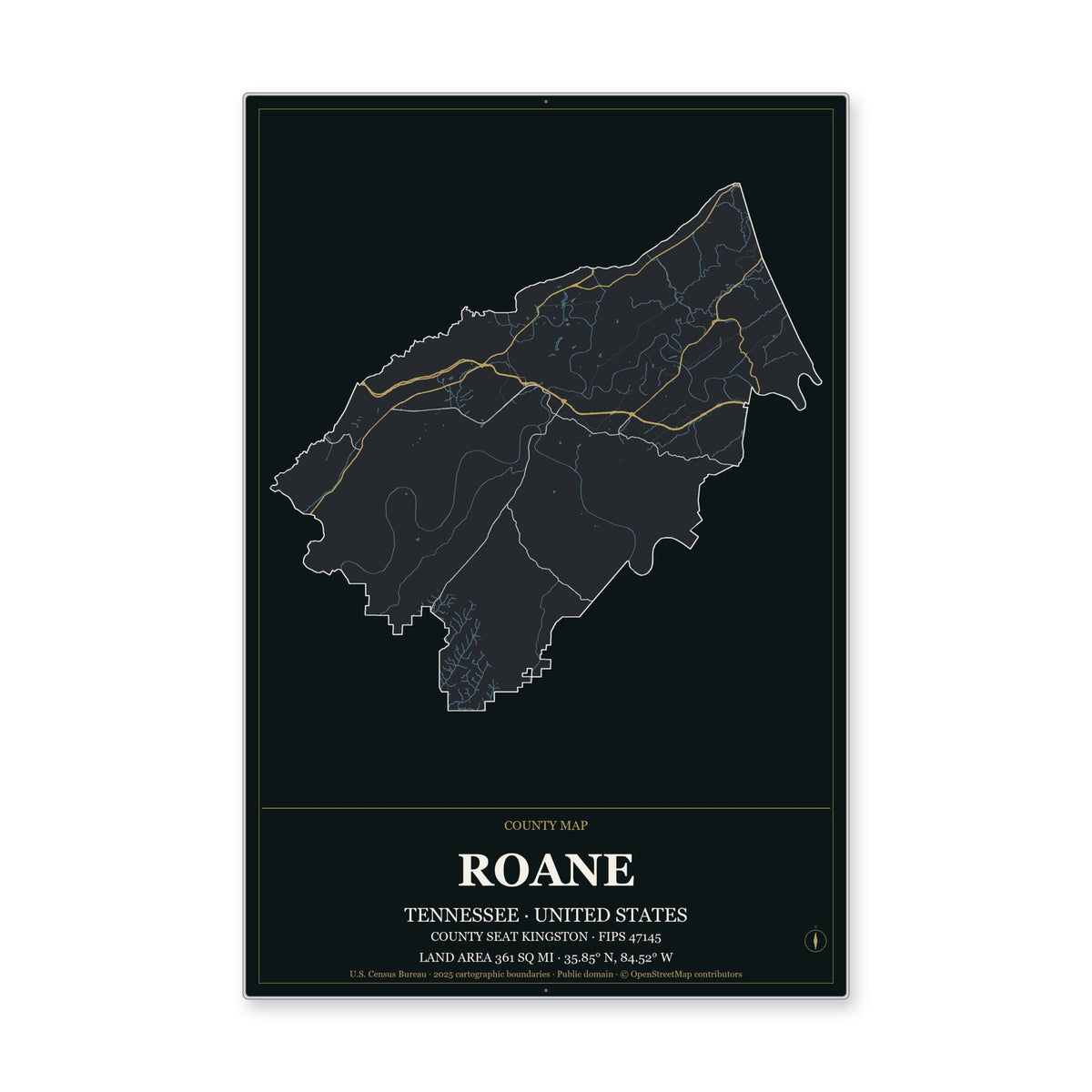 Roane County, Tennessee Map Aluminum Sign in Metropolitan Noir style