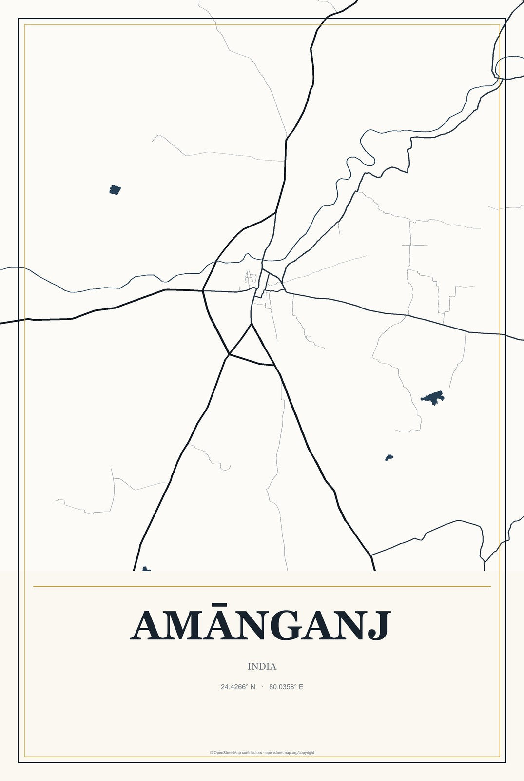 Amānganj, India City Map Aluminum Sign in Citrine Modern style