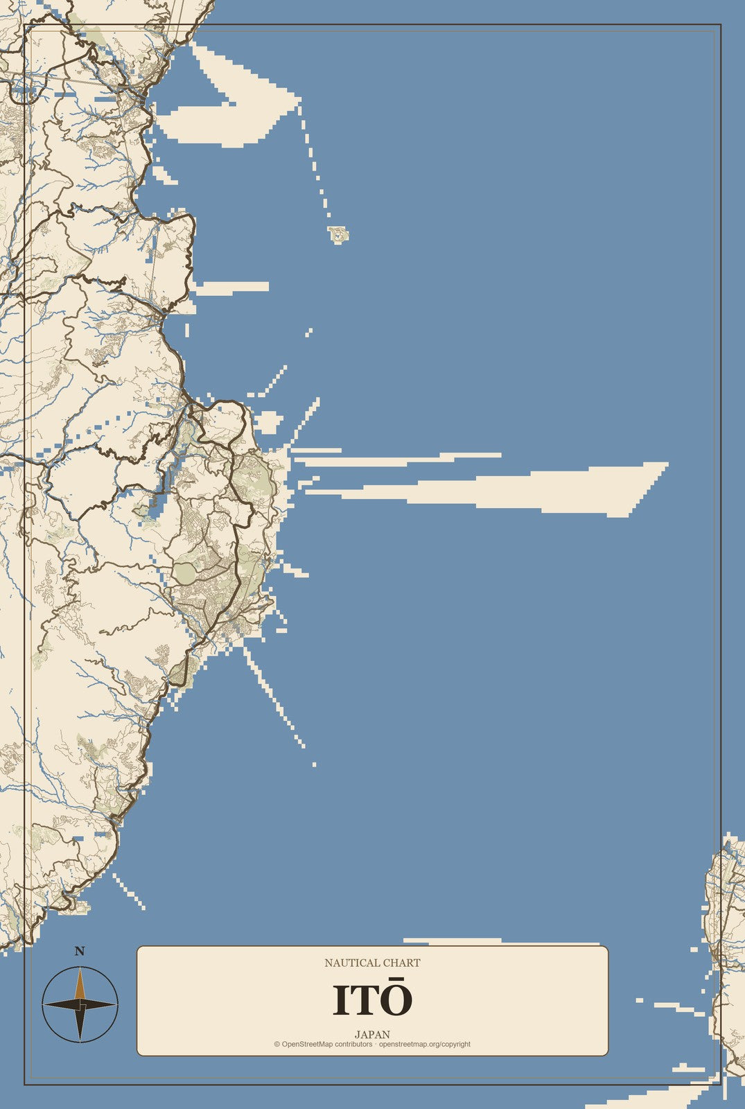 Itō, Japan City Map Aluminum Sign in Heritage Nautical style